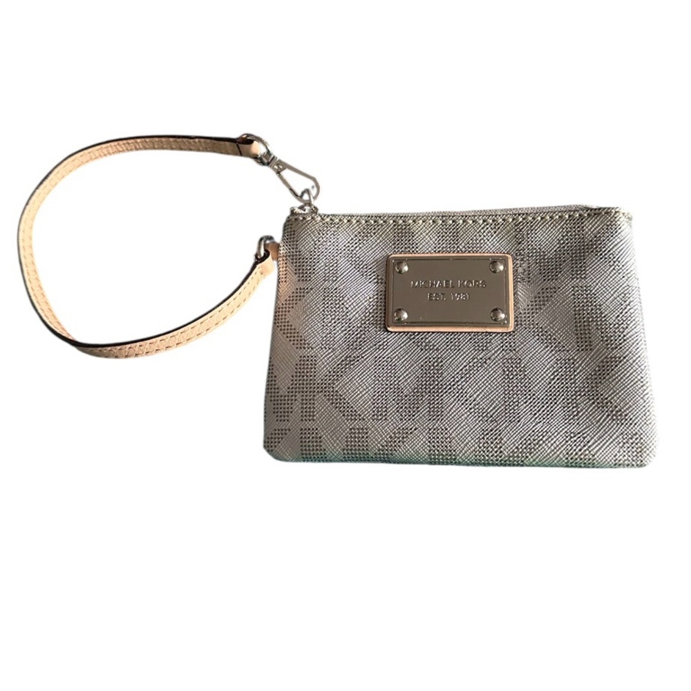 Michael Kors Jet Set Signature Silver Metallic Saffiano Wristlet